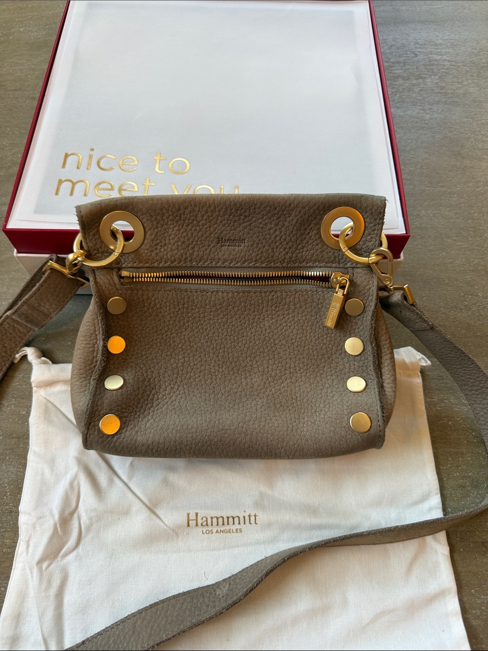 Hammitt Tony Small Taupe Pebbled Leather Crossbody with Gold Studs